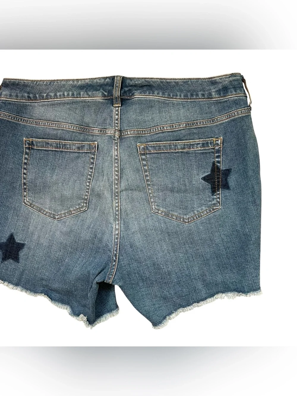 Torrid Medium Wash Blue Dark Star Print Raw Hem Zipper Fly Denim Shorts Size 14